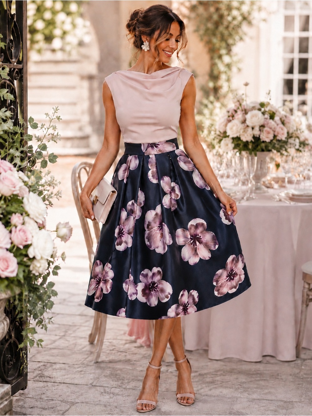 Floral Pleated A-Line Midi Skirt Navy Pink Size L